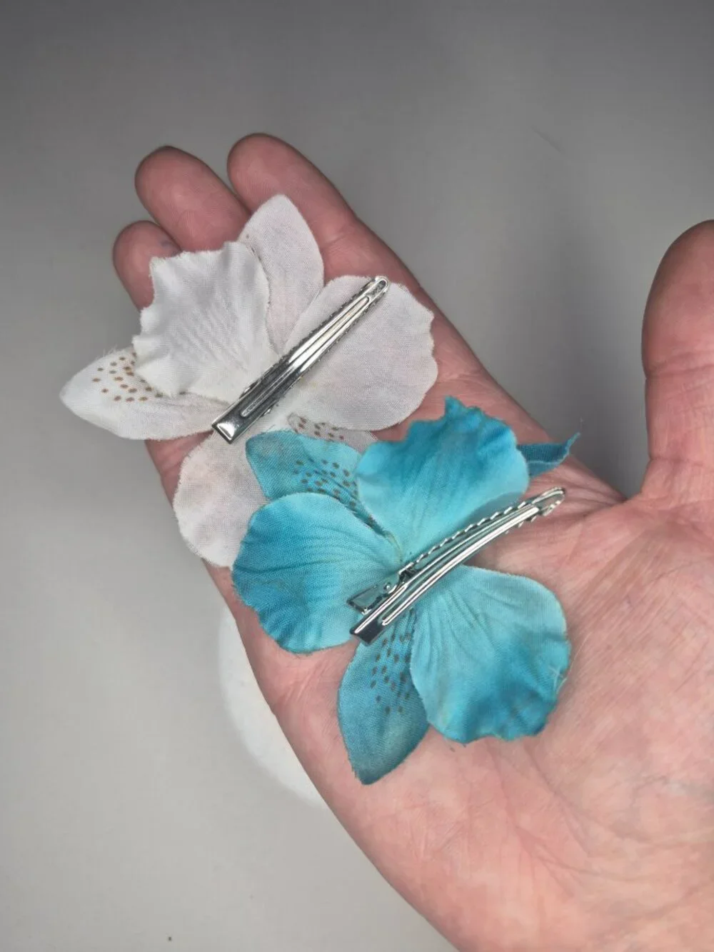 2 White And Blue Flower Hair Clips
